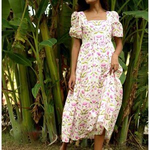 Monsoon & Beyond 1919 Estella Mongrove Pink Floral Puff Sleeve Midi Dress Size L